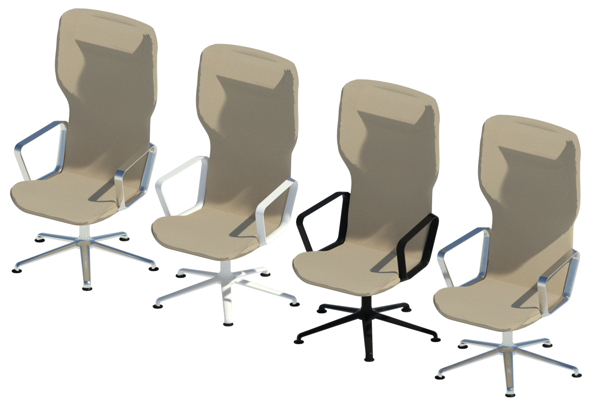 Render of four beige upholstery Intra high backrest chairs with four different frames - (left to right) chrome, white, black & aluminum.